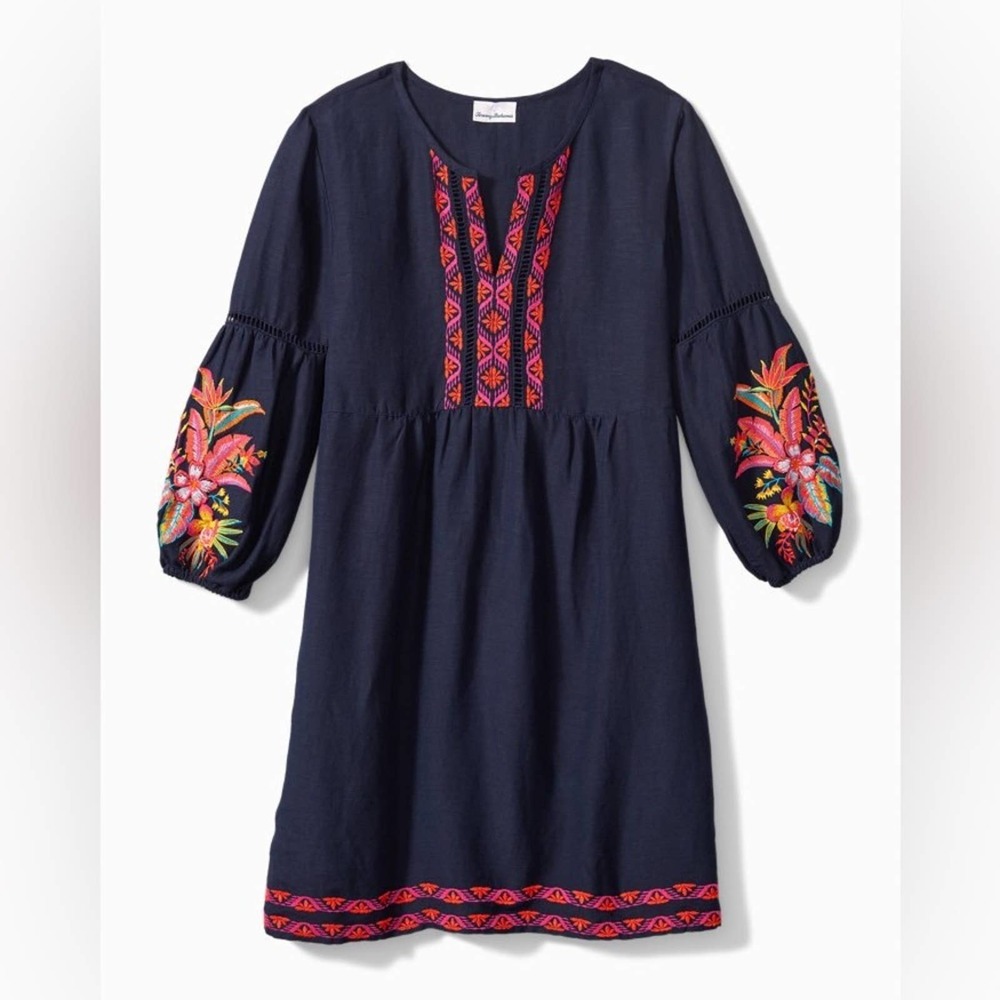 Tommy Bahama St. Lucia Linen Tropical Embroidered Split Neck Dress